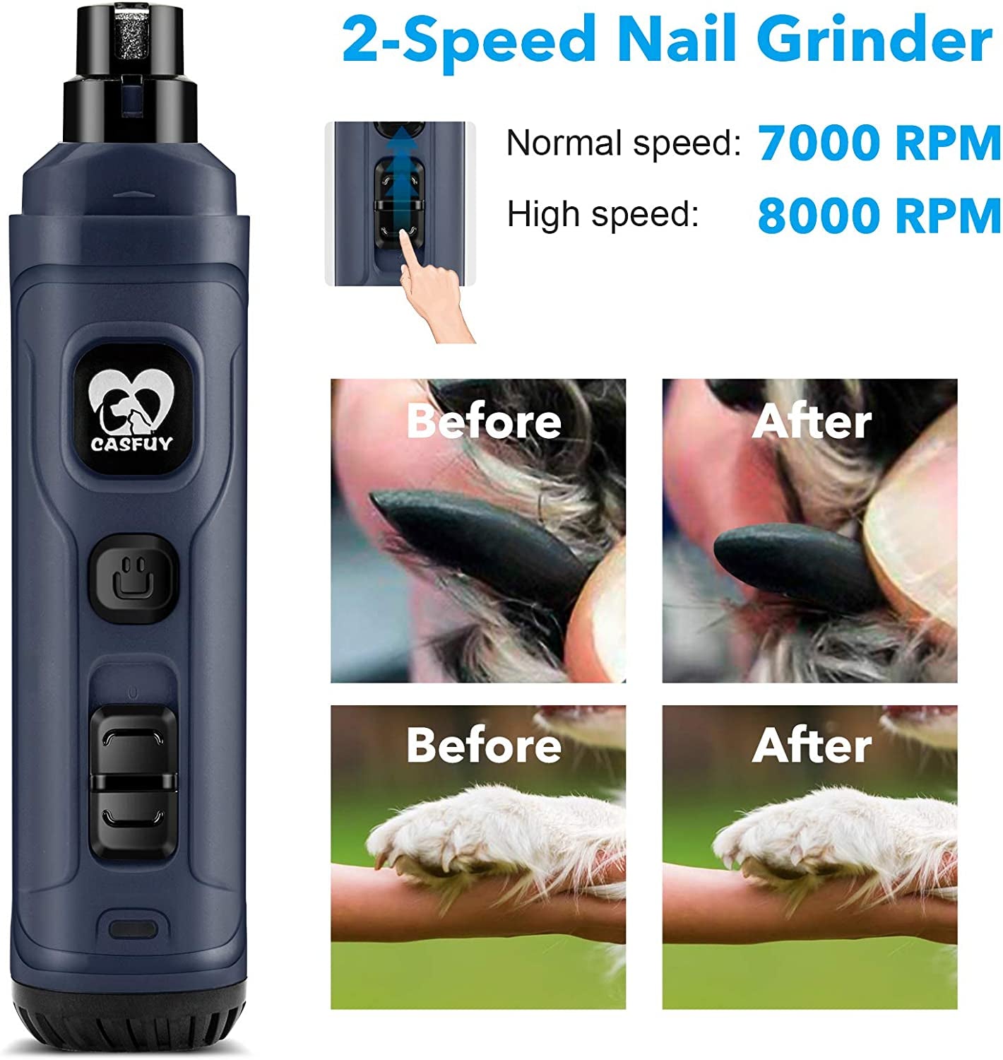 Dog Nail Grinder with Dual LED Lights - Enhanced 2-Speed Electric Pet Nail Trimmer for Professional, Quiet, and Painless Grooming of Small to Large Dogs and Cats (Blue)