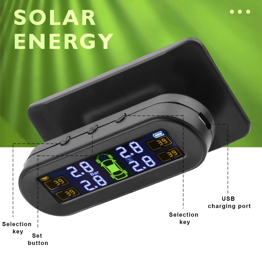 Advanced Solar Tire Pressure Monitoring System with Temperature Alerts - External Battery Version