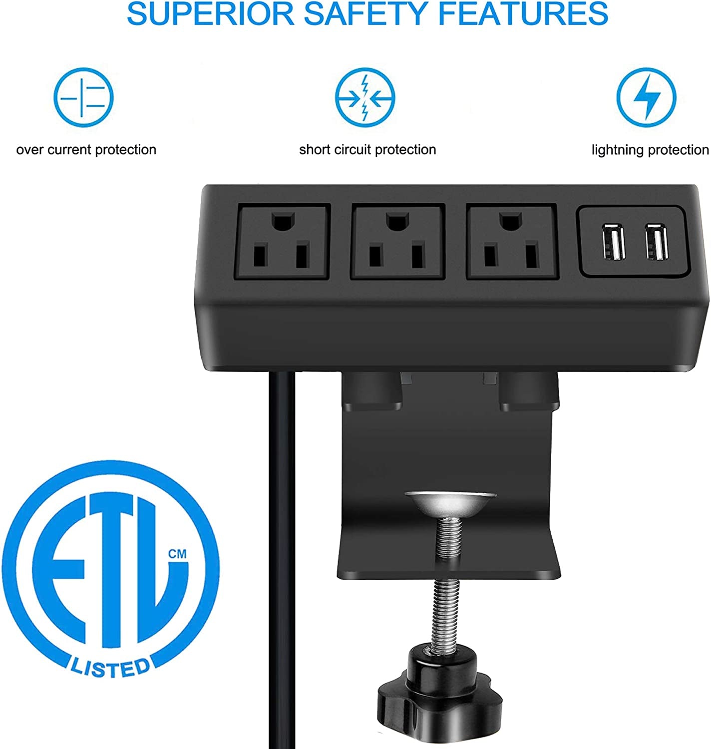 3-Outlet Desk Clamp Power Strip with USB Ports and Surge Protection, 1200J, Table Mount Charging Station, 125V 12A 1500W