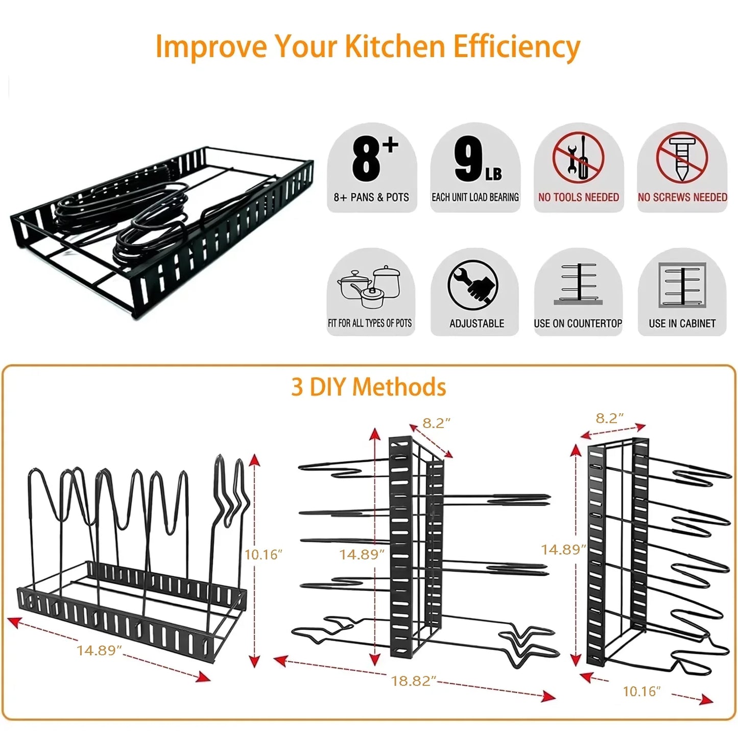 2-Pack Adjustable Pot and Pan Rack Organizers for Kitchen Storage and Organization