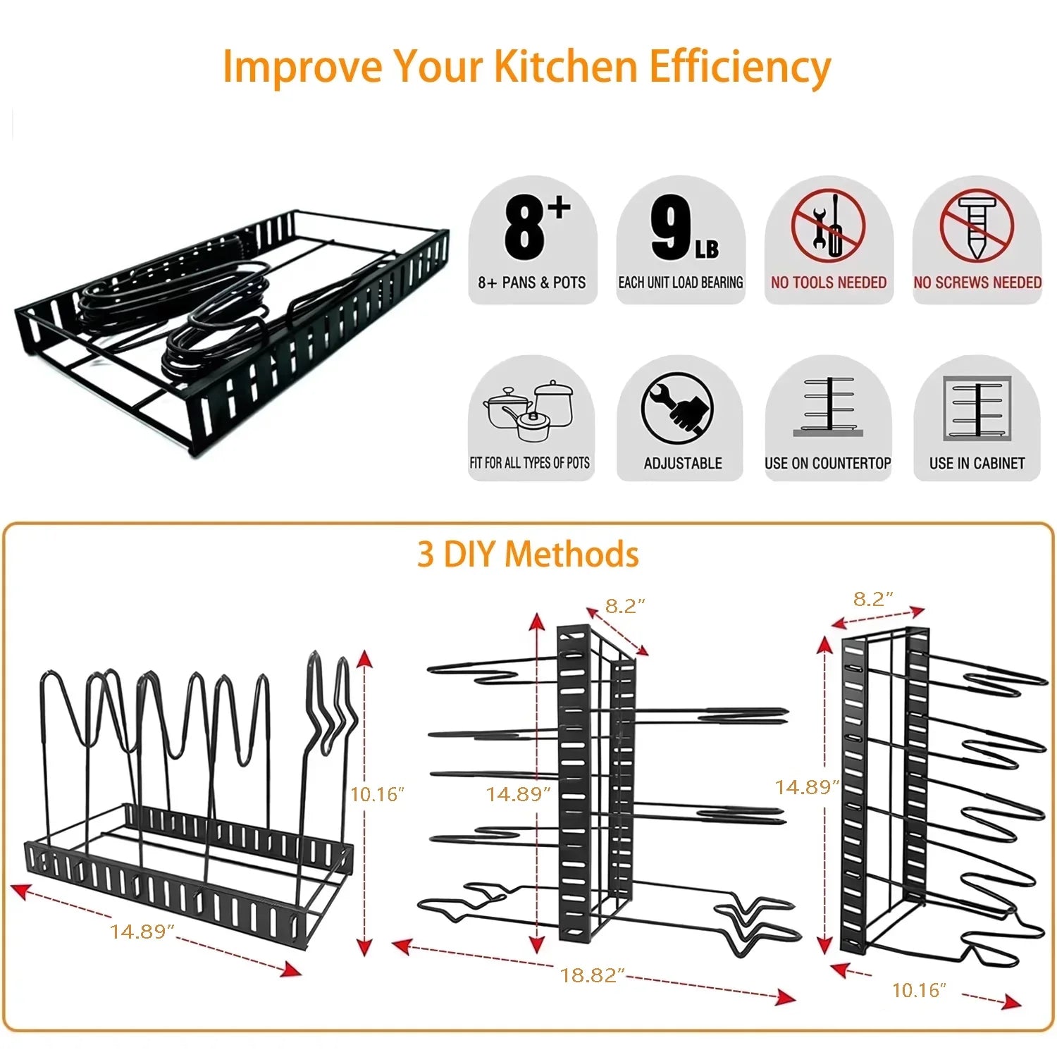 2-Pack Adjustable Pot and Pan Rack Organizers for Kitchen Storage and Organization