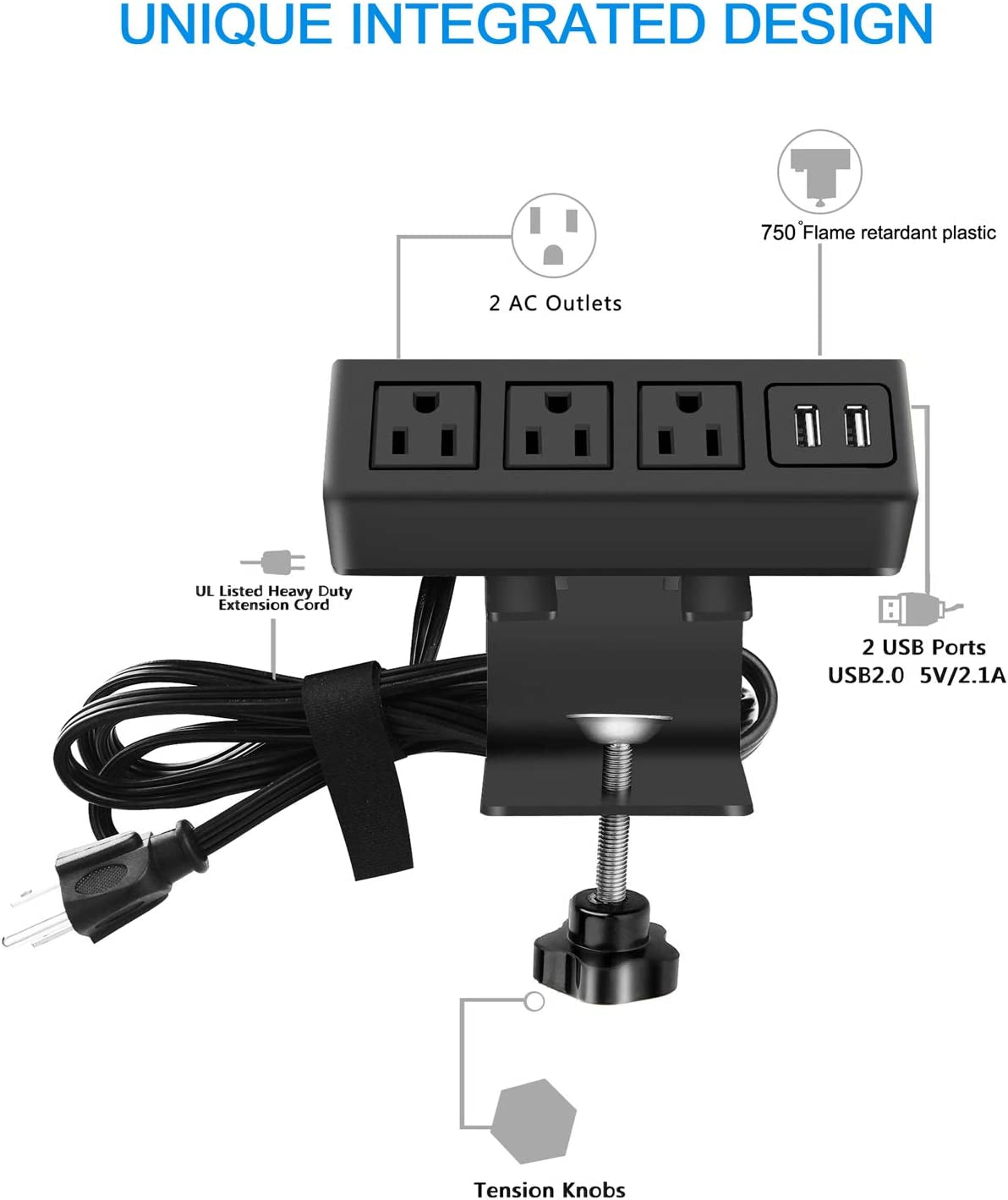 3-Outlet Desk Clamp Power Strip with USB Ports and Surge Protection, 1200J, Table Mount Charging Station, 125V 12A 1500W