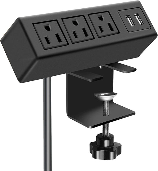 3-Outlet Desk Clamp Power Strip with USB Ports and Surge Protection, 1200J, Table Mount Charging Station, 125V 12A 1500W