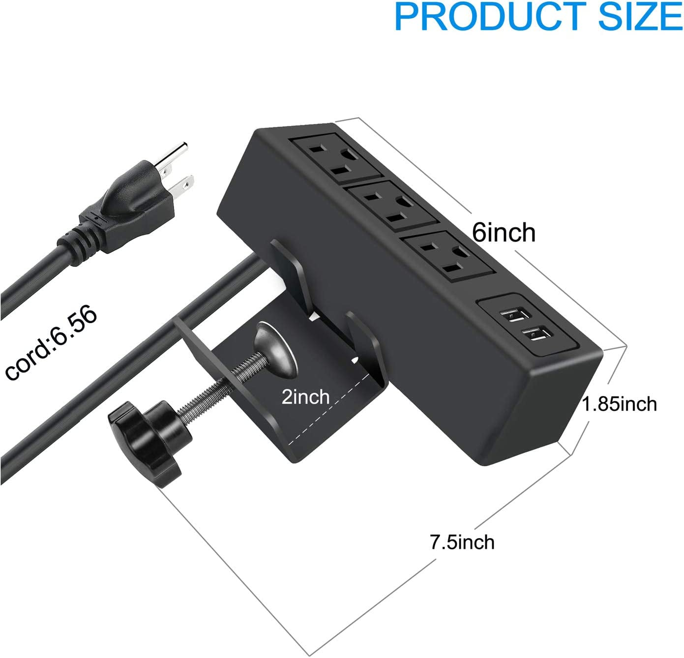 3-Outlet Desk Clamp Power Strip with USB Ports and Surge Protection, 1200J, Table Mount Charging Station, 125V 12A 1500W
